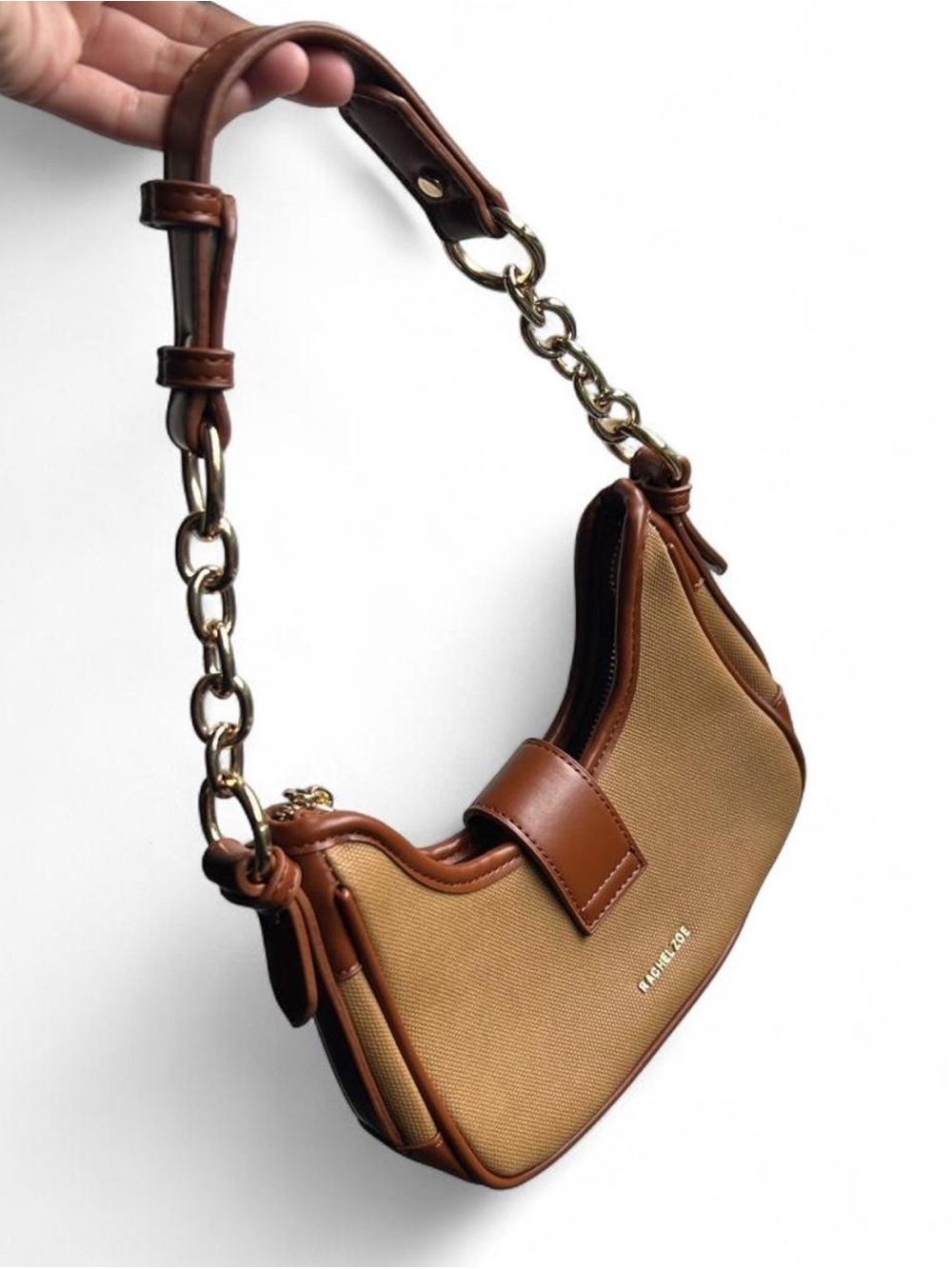 Rachel Zoe Two-Tone Tan & Cream Shoulder Bag with Gold Chain Accent - Picture 4 of 7